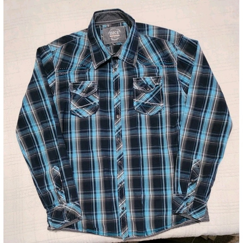 BKE Cowboy‎ Western Pearl Snap Shirt Blue Black Plaid Standard Fit Men XL